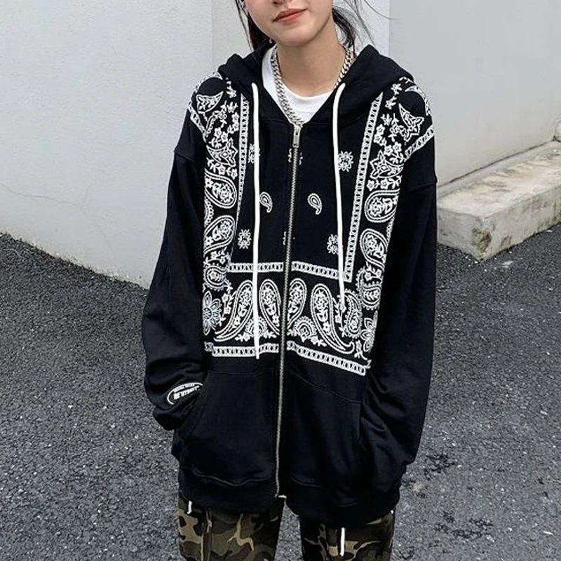 

Zip Up Harajuku Hoodies Women Print Vintage Long Sleeve Spring Autumn Sweatshirt Black White Outwear Loose Oversized Hooded Coat