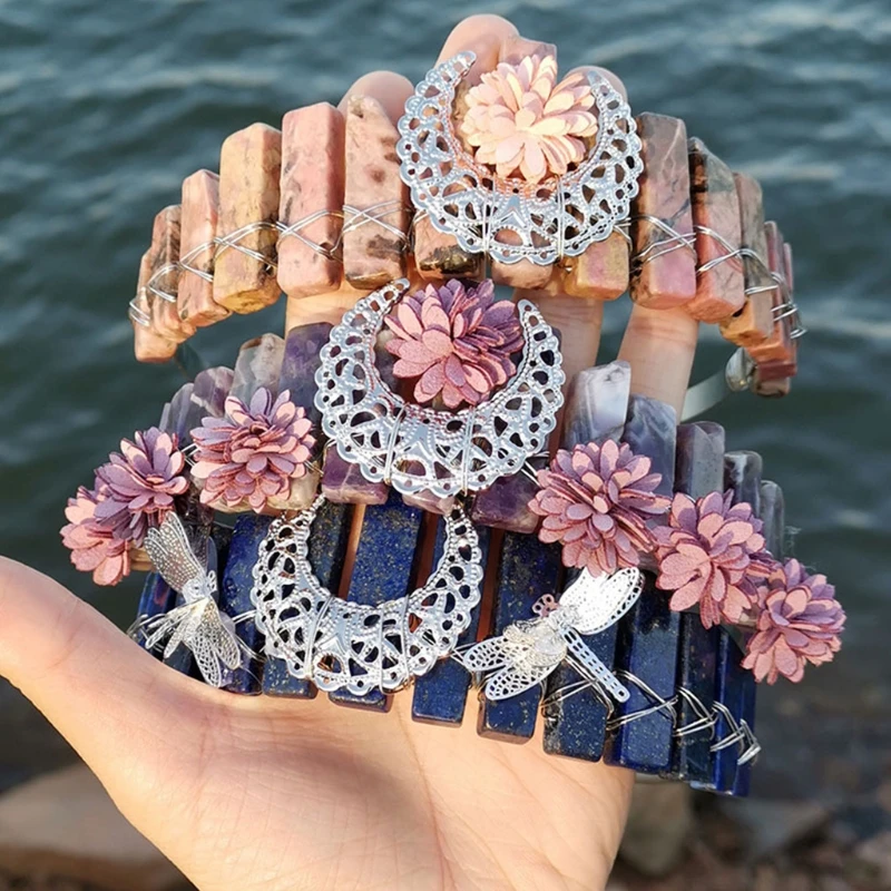 

Bridal Raw Quartz Crystal Headband Crown Boho Handmade Metal Dragonfly Floral Tiara Hair Hoop Wedding Prom Headdress