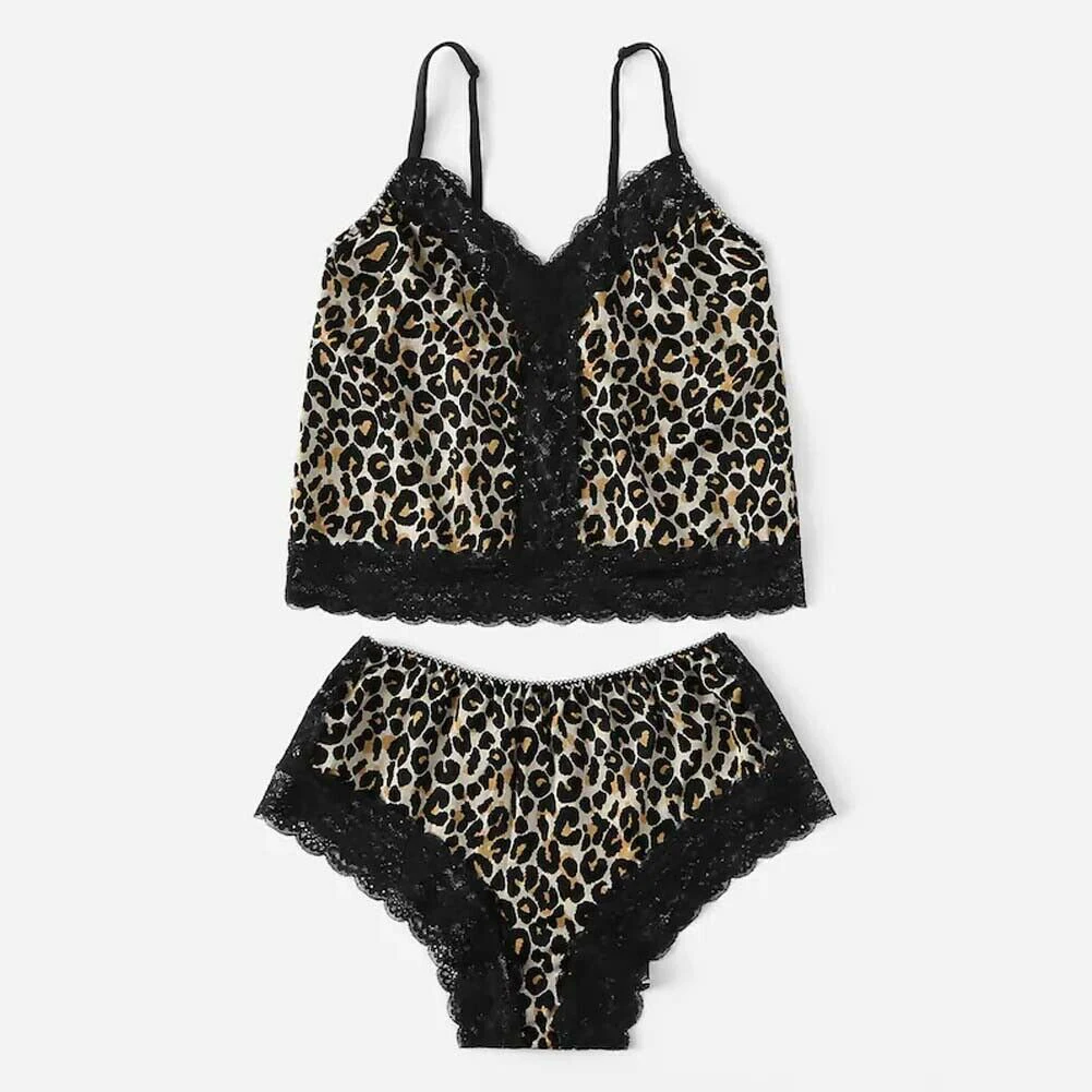 Летние женские сексуальные пижамы наборы Шелковые Леопардовый принт Глубокий V