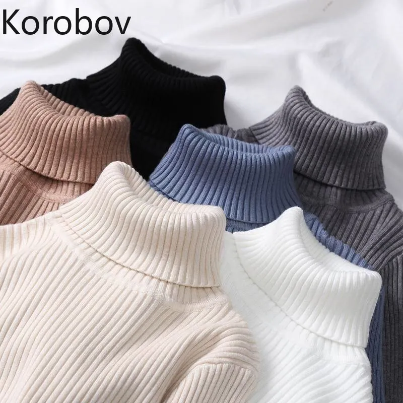 Korobov Women Korean Sweater Turtleneck Basic Slim Elastics Pullovers 2019 New Solid Knitted Runway Sweaters Sueter Mujer 78580 | Женская