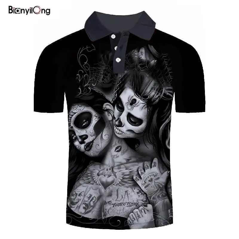 BIANYILONG 2019 nueva camiseta Polo holgada de manga corta con estampado 3D calavera moda verano para hombre camisa|Поло| |