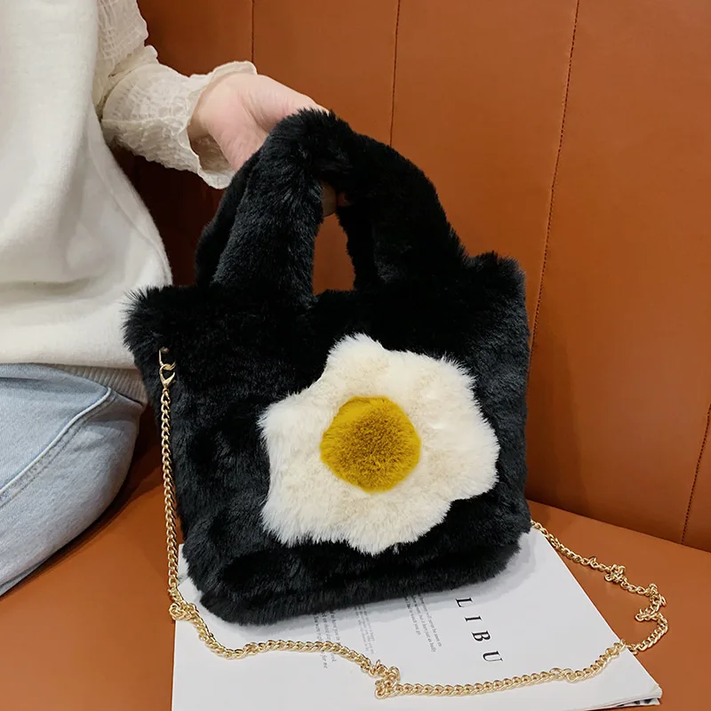 

Winter Plush Large Shoulder Bags for Women 2021 New Luxury Handbags Fashion Egg Print Faux Fur Casual Tote Shopper Bag Ladies