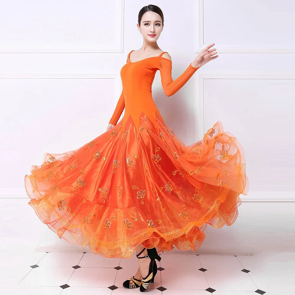 orange ballroom dress standard dance costume tango costumes viennese waltz big swing foxtrot | Тематическая одежда и