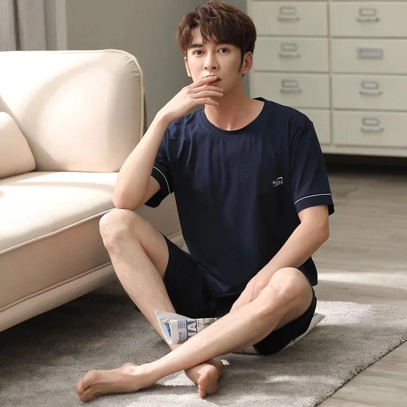 Men's striped cotton pajamas suit high-quality casual and comfortable short-sleeved shorts loose large size thin home service
