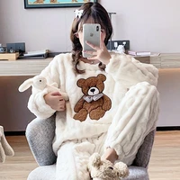 coral fleece plus velvet thick thick warm pajamas home service autumn and winter new loose simple printing cute sweet pajamas