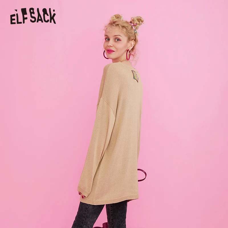 ELFSACK женские свитера с мультяшным принтом, осень, круглый вырез, повседневный уличный сверхразмерный Женский вязаный Топ, корейские пуловеры в стиле панк