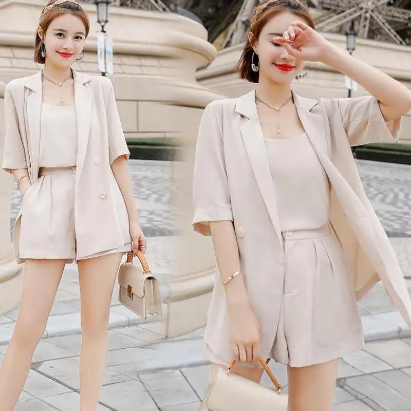 Женский однотонный базовый Блейзер пиджак и майка + шорты облегающий