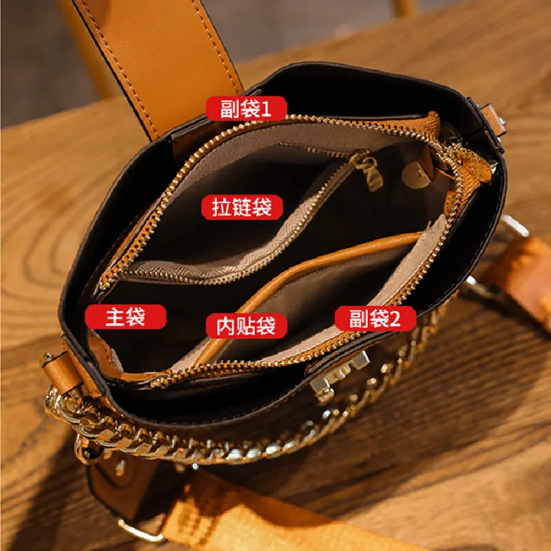 

Cow Leather Bucket Bag for Women High Quality Large Capacity Shoulder Messenger Chain Totes Ladies Fashionable Purse and Handbag