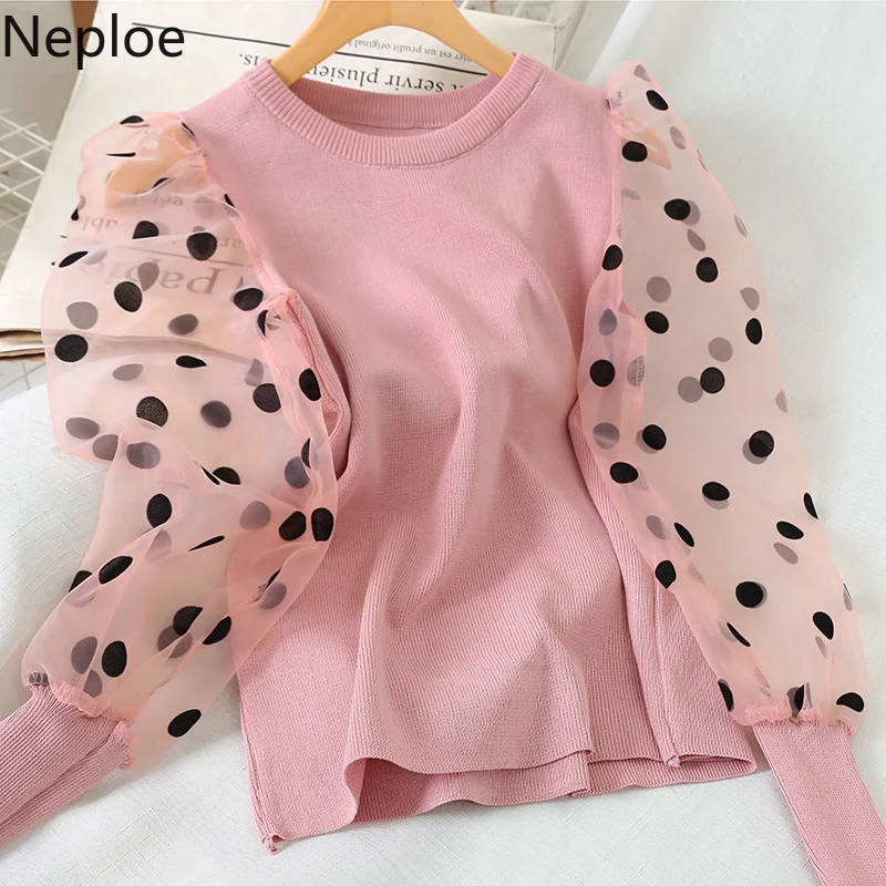 Весенний женский свитер Neploe 2022 в горошек с сеткой стиле пэчворк Повседневные