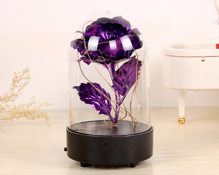 S Purple Rose Light Лидер продаж, красивая и чудовищная Роза из золотой фольги, светодиодный светильник, искусственные цветы в стеклянном куполе, вечерние украшения, подарок для девочек - Цвет: S Purple Rose Light