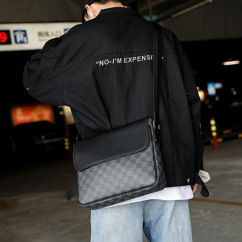 

Fashion Designer Plaid Leather PU Messenger Bags for Men Business Handbag Gentleman Single Shoulder Crossbody Bags Trendy 2021
