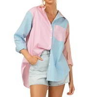 fashion party blouses women casual shirts long sleeve tee shirt v neck pink blue patchwork button up tops female spring blusas