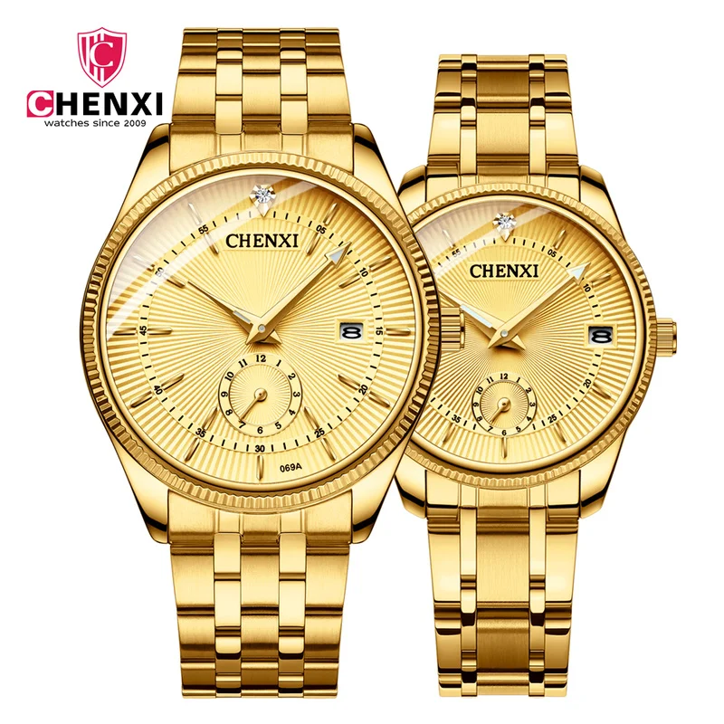 

CHENXI Full Gold Couple Watch Men's Calendar Display Luminous Waterproof Luxury Ladies Business Casual Exquisite Watches WA195