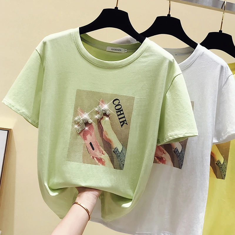 

Summer T shirt Women Clothes Yellow Korean Short Sleeve Print Tshirt Woman Tops Casual White Bling Diamond Tee Shirt