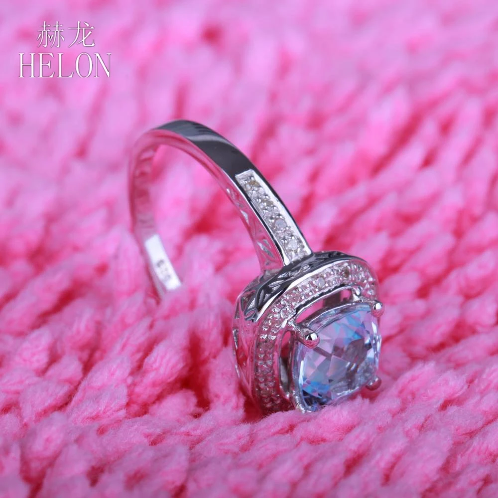 

HELON Solid 14K White Gold Cushion 7mm Sky Blue Topaz & Diamonds Engagement Wedding Ring Women Birthday Anniversarry Best Gift