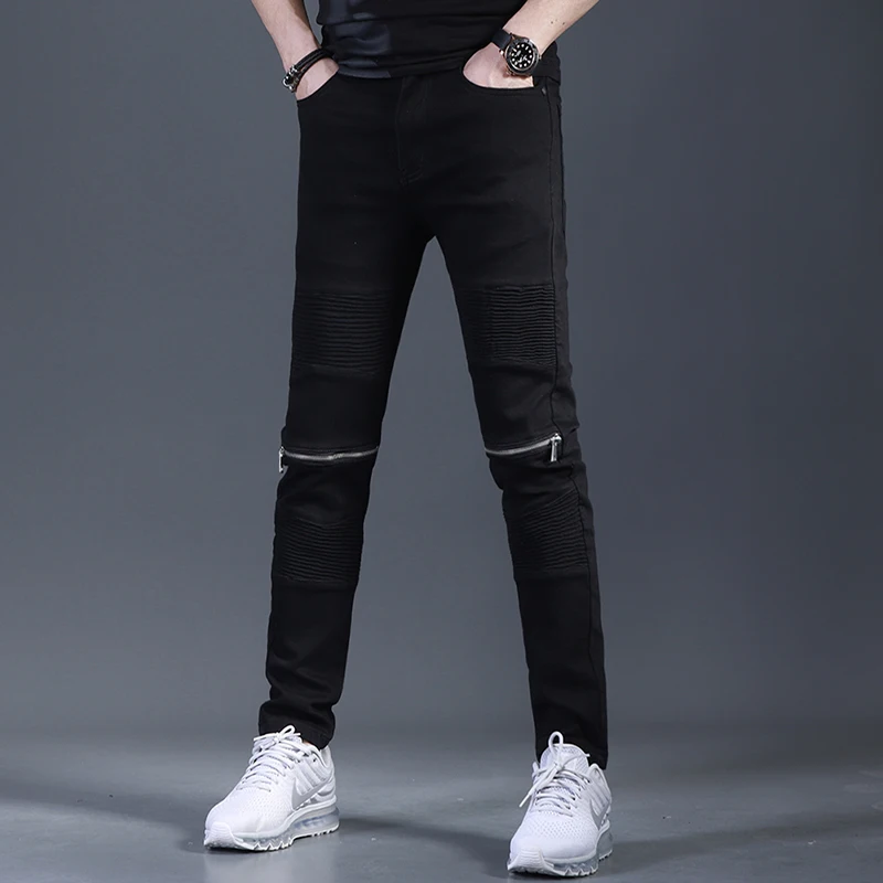 Summer New Black Jeans Men Streetwear Zippers Patchwork Slim Fit Denim Pants