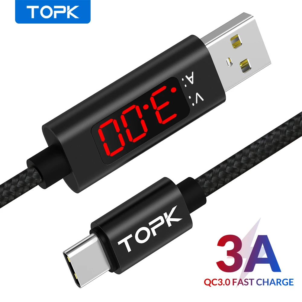 USB Type C кабель TOPK AC27 3A(Max) QC 3 0 для быстрой зарядки и передачи данных в нейлоновой