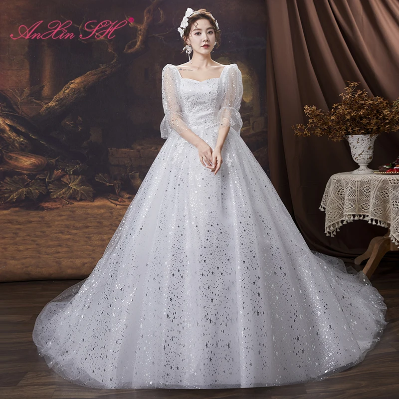 AnXin SH принцесса блестящее кружево белое винтажное милое серебристое звездное