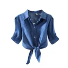Женские укороченные топы и блузки темно-синего цвета, летние блузки на пуговицах, 4 цвета