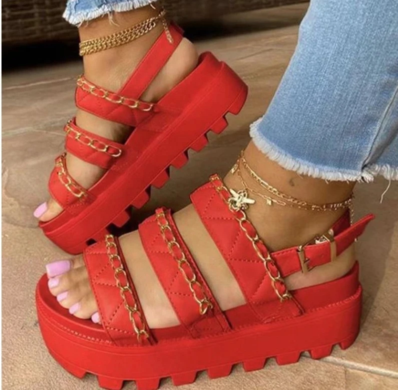 

Women Sandals Platform Heels Flat Shoes Chain Decoration Ladies Sandals Summer Fashion Outdoor Female Beach Footwear