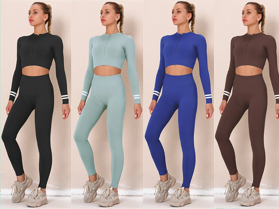 

Two Piece Outfit Yoga Sets Women Gym Clothing Long Sleeve Sexy Crop Top With Zipper Trendy Workout Ropa Sexy Mujer Black Tights