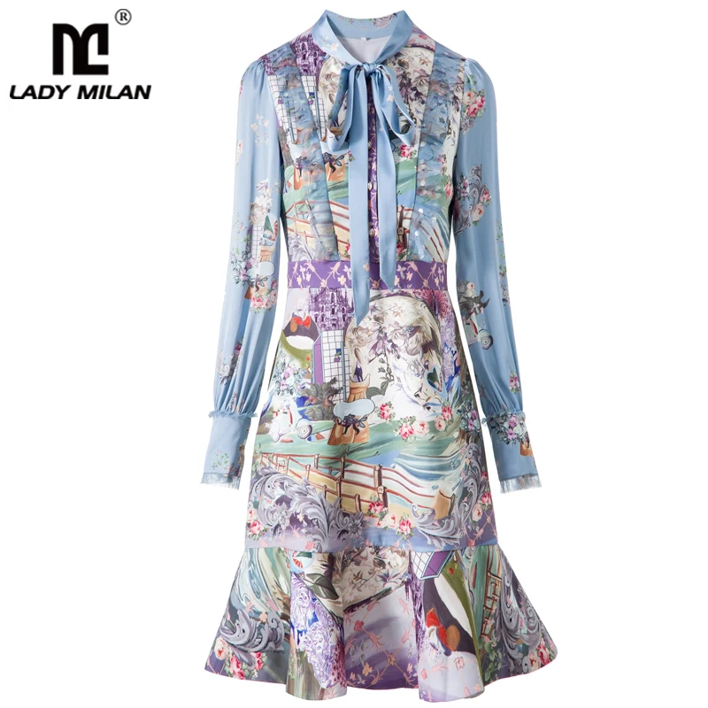 

Женские модельные платья со шнуровкой и бантом на воротнике, модное повседневное осеннее платье с длинным рукавом и принтом и оборками, пла...