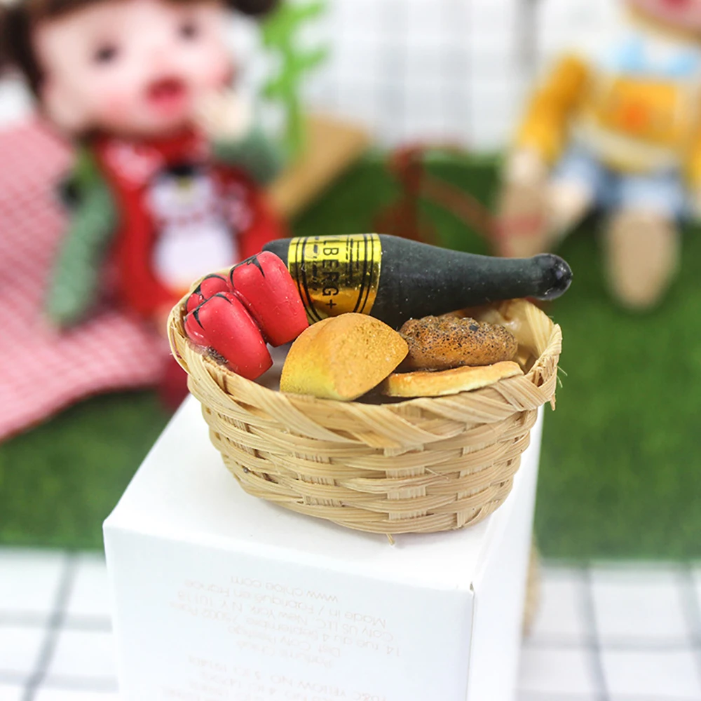 

1/12 Dollhouse Miniature Accessories Mini Food Basket Simulation Vegetables Bread Wine Bottle Model Toys for Doll House Decor