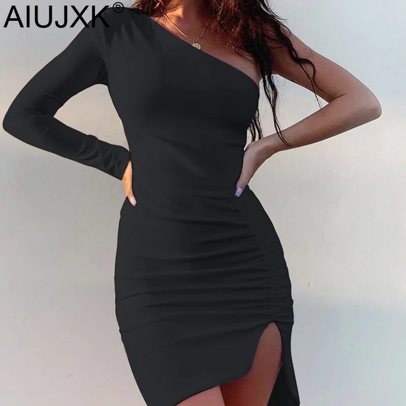 AIUJXK Новое поступление осень зима женское платье на одно плечо с длинным рукавом