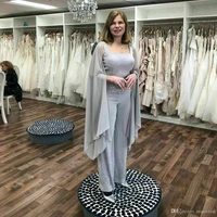 gray chiffon pant mother of the bride dress 2021 cape sleeve beaded luxury wedding guest dress formal long evening party dresses