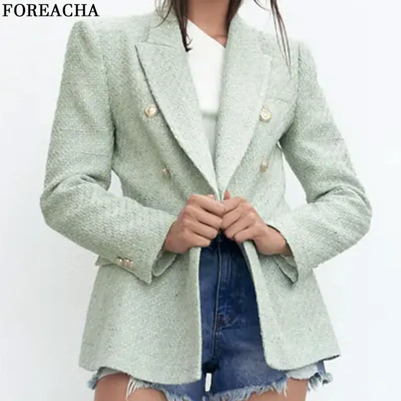 

Женский модный текстурированный Блейзер foreacha с лацканами, двубортный пиджак с длинным рукавом и карманами, шикарный офисный весенне-осенни...