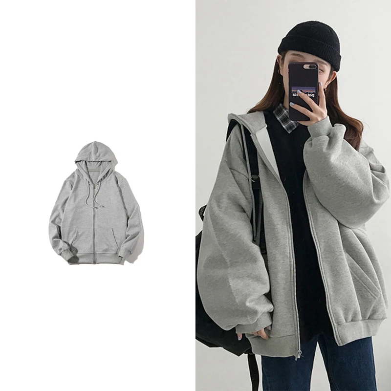 

Spring and Autumn Women's Hooded Sweatshirt Korean Retro Loose BF Solid Color Cotton Large Size