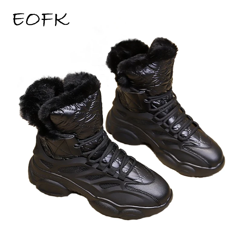 

EOFK Winter Women Boots Warm Fur Waterproof Plush Full Black Casual Mid-calf Lady Snow Ankle Boots