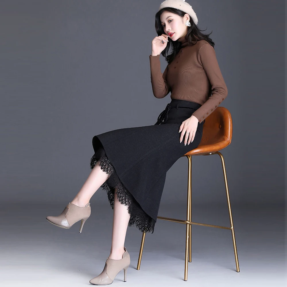 

Vintage Plaid High Waist Woolen Women Skirts Sexy Lace Patchwork Casual Mermaid Skirt Female Slim Office Black Midi Skirts Jupe
