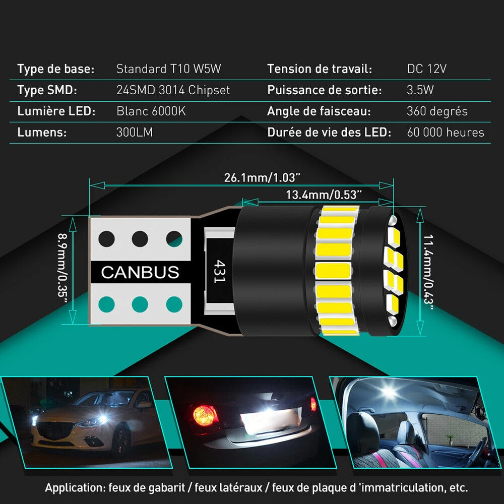 Светодиодная лампа Canbus T10 3014 24SMD без ошибок 12 В лампы W5W 168 194 объектив 6000K 4 шт. |