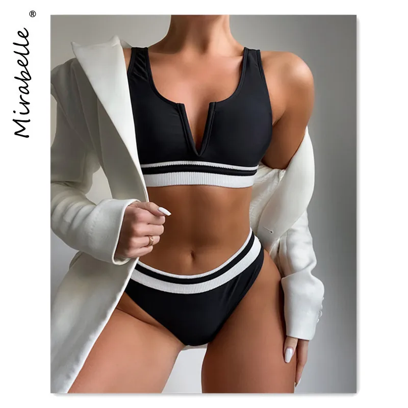 

Sexy V Neck Women Swimsuit Push Up Triangle Bikini Patchwork Swimwear Feamle High Waist Bather Beachwear Bathing Suit 2021 New