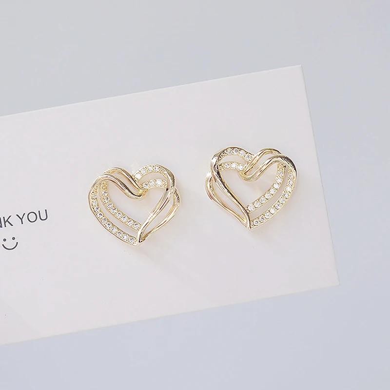 

Ins Hot Sale Double Layers Hollow Heart Women Earring Fashion Design Inlaid Zircon Love Stud Earrings Jewelry Birthday Gfit