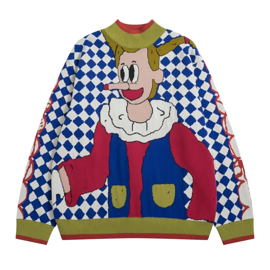 Женский хлопковый свитер в клетку свободный плотный вязаный жаккардовый пуловер