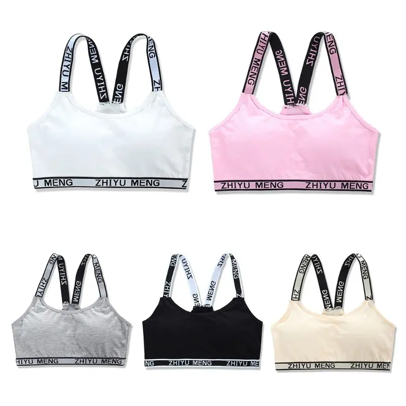 Young Girls Kids Cotton Sport Traning Bra Letters Print Elastic Straps Bralette Solid Color Student Padded Wrapped Chest