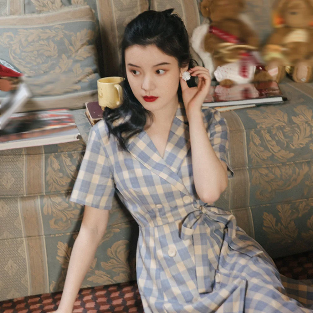 

Korean Fashion Retro Ladies Dress Temperament Casual 2021 Spring Summer Lattice Double Breasted V-neck Summer