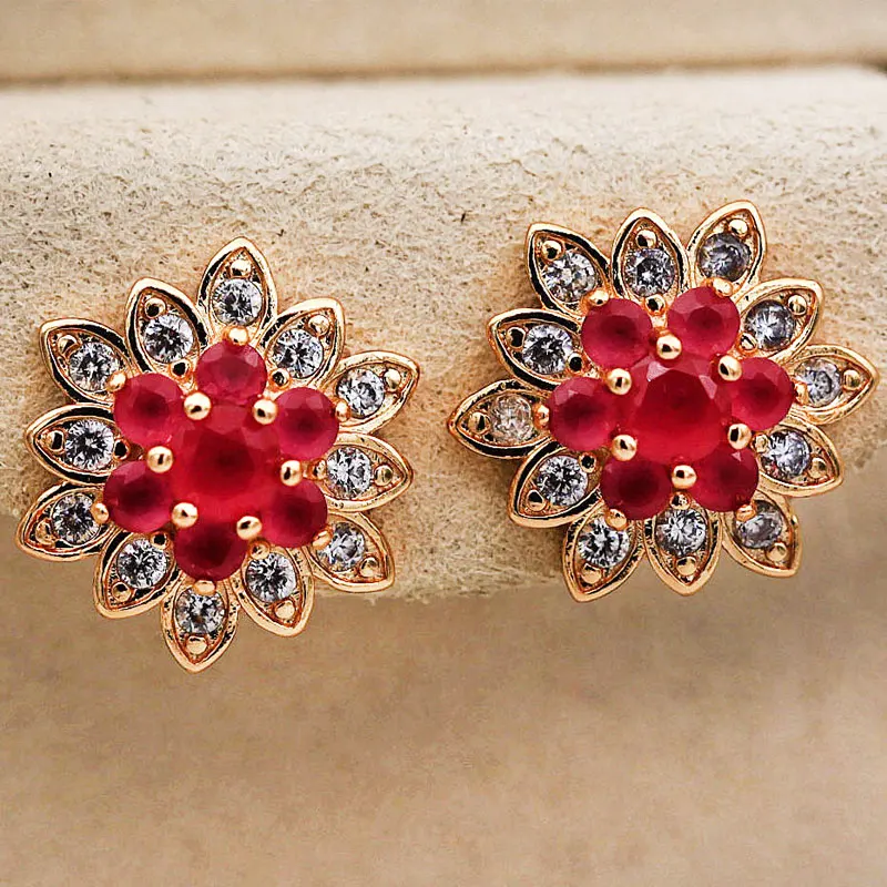 Women Luxury Trendy Jewelry Lotus Flower Earrings Fashion Bohemian Vocation Style Red Zircon Small Stud Accessories | Украшения и