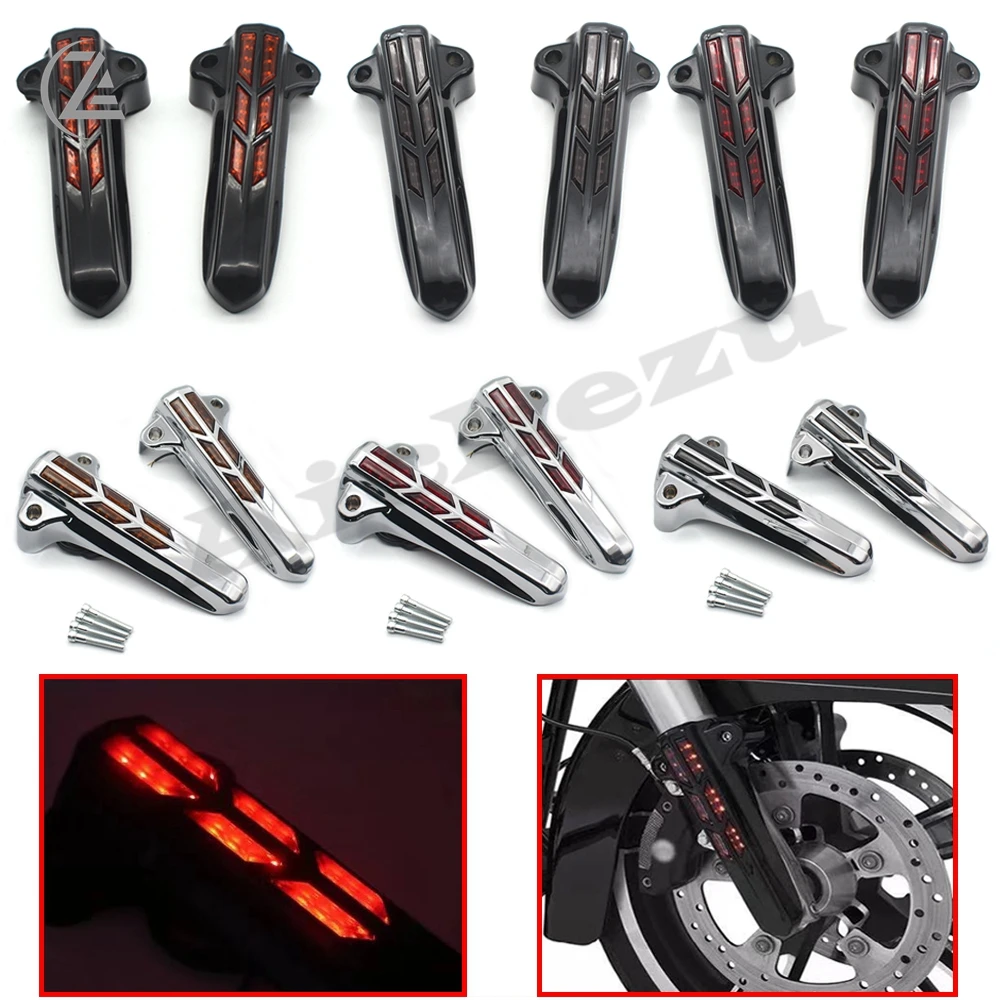 Enlarge ACZ Motorcycle Parts Motor Front Lower Fork Leg Covers W/ Red LED Case for Harley FLHR FLHX FLHT 2014-2017