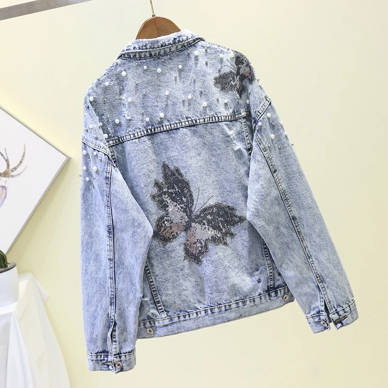 

Женская джинсовая куртка, короткая джинсовая куртка с длинным рукавом, украшенная бусинами, с жемчужинами и бабочками, весна-осень