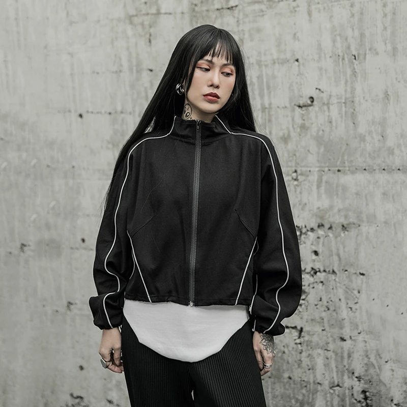 

[EAM] Loose Fit Black Split Joint Big Size Sweatshirt New Stand Collar Long Sleeve Women Big Size Fashion Tide Spring 2021 1R601