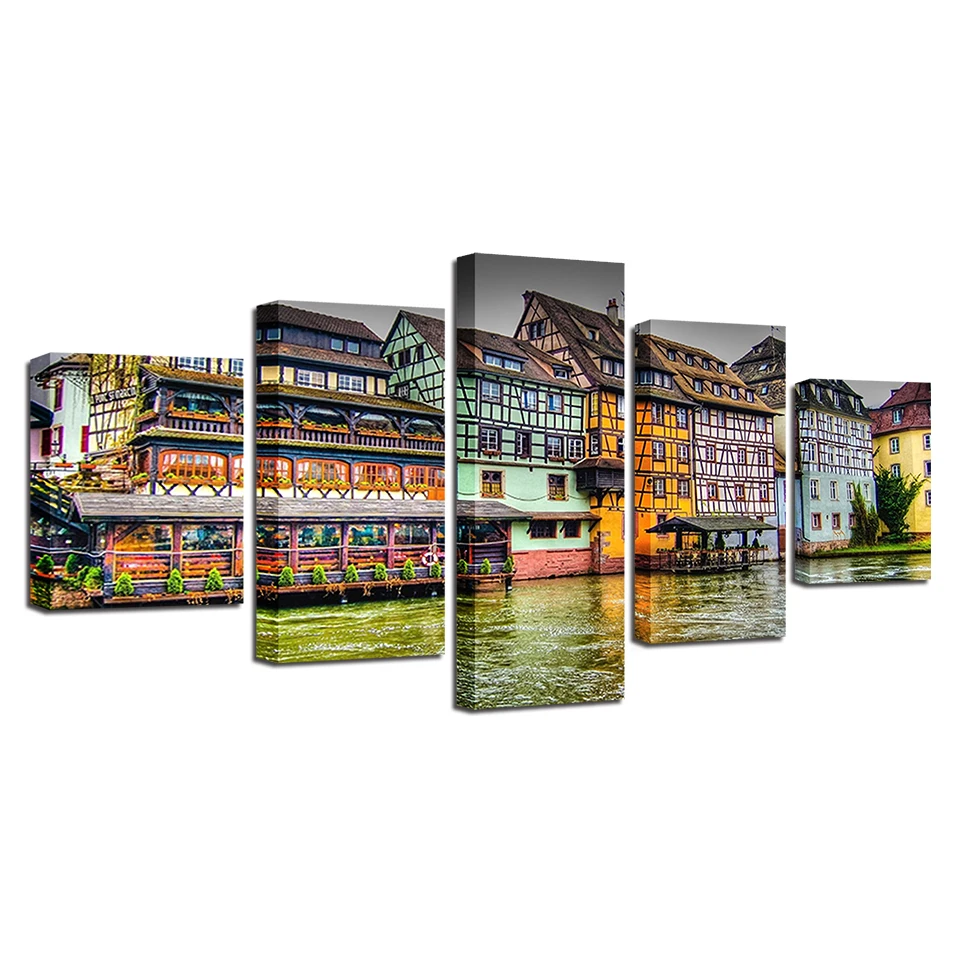 

Wall Art HD Prints Canvas Pictures Modular 5 Pieces River And Retro House Buildings Landscape Paintings Decor Room Artwork Frame