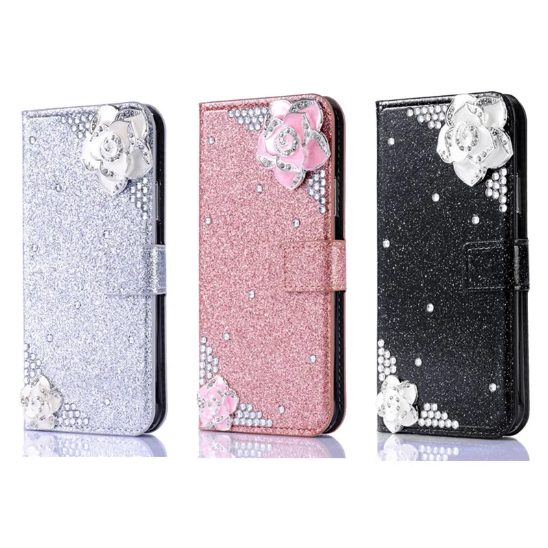 

Luxury Rhinestone Camellia Shiny Wallet Flip Leather Case For XiaoMi Redmi 9A Note 10 Note 9 Pro Max 9S Note 8 7 Pro Poco X3 NFC