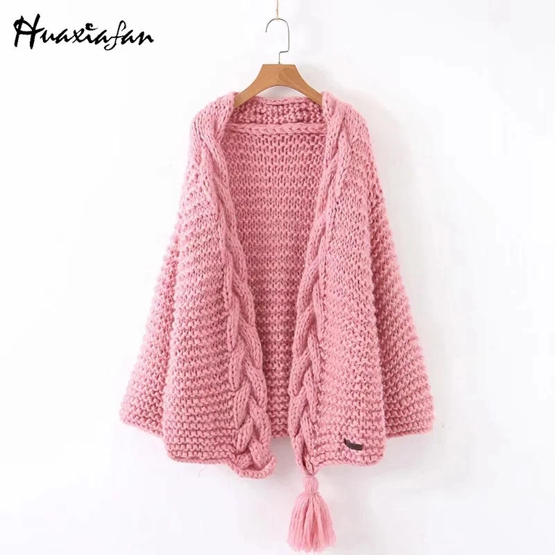 Розовый Huaxiafan, свитера с запахом, толстые, длинные, кардифаны, женские свитера, с тесьмой, зимнее теплое пальто, длинные куртки, длинные свитера, женские джемперы, Новинка - Цвет: Розовый