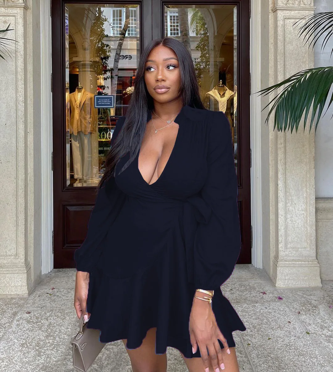 

2021 Hot Sale Autumn and Winter Women's Solid Color V-Neck Fashion Sexy Bow Tie Dress Women