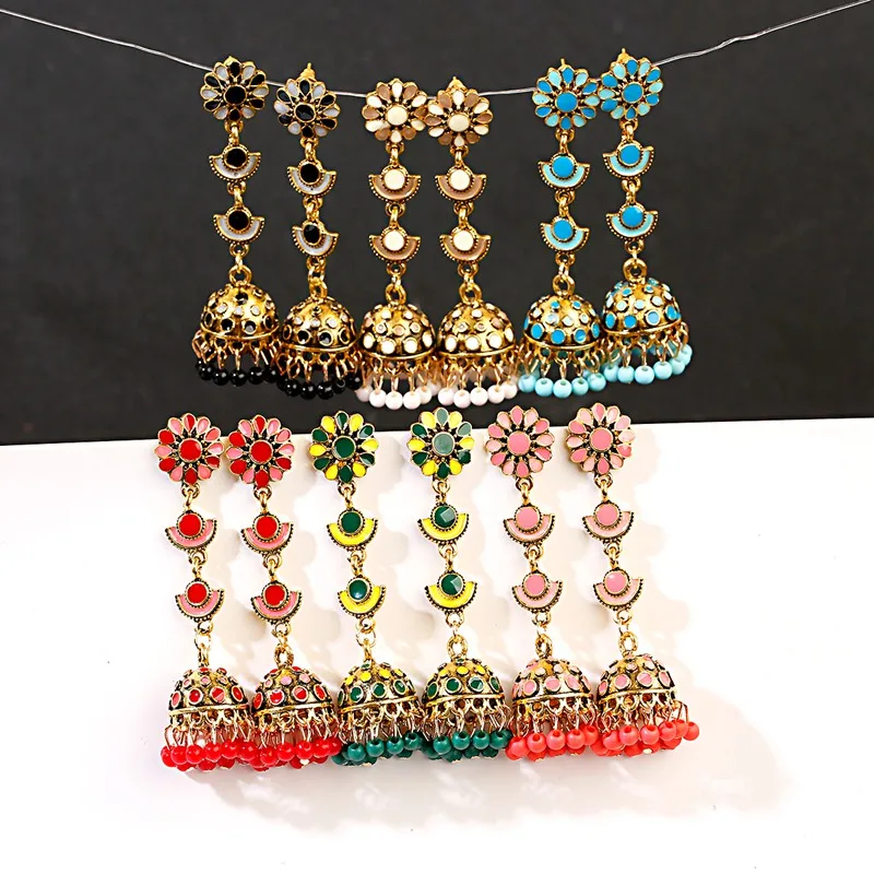 

Jhumka Jhumki Multicolor Beads Tassel Indian Earrings For Women Flower Carved Long Dangle Afghan Egypt Turkish gypsy Jewelry