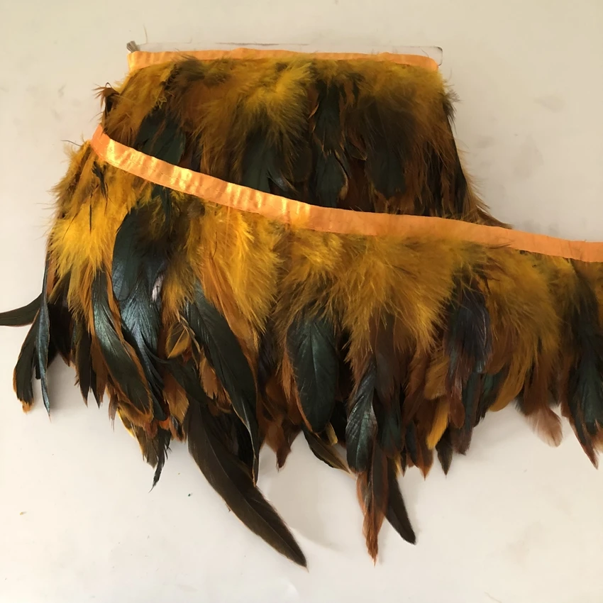 

2 метра золотисто-желтая крашеная шлаппен перо планки 10 до 15 см ширина Сделай Сам натуральная половина бронзовые Куриные перья отделка лент...