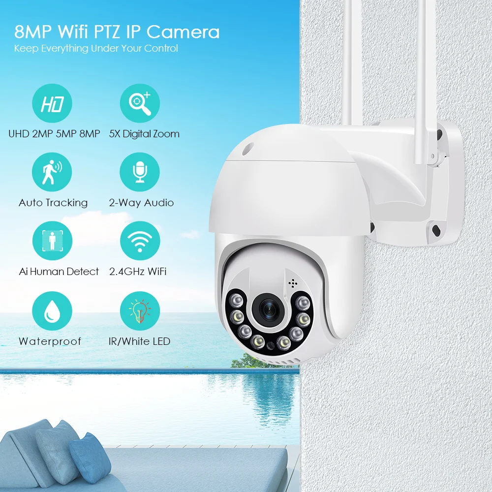 4K 8MP IP Camera WiFi Smart Home PTZ Security Cameras Outdoor Color Night Vision AI Humanoid Detection Alert Two Way Audio | Безопасность
